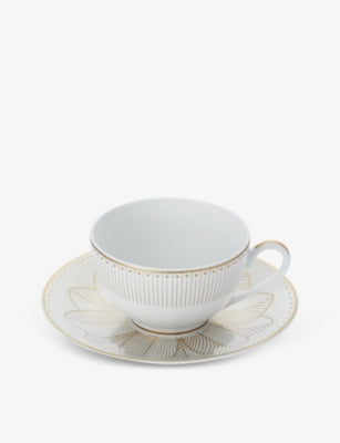 Christofle Malmaison porcelain cup and saucer set with platinum finish, UK version