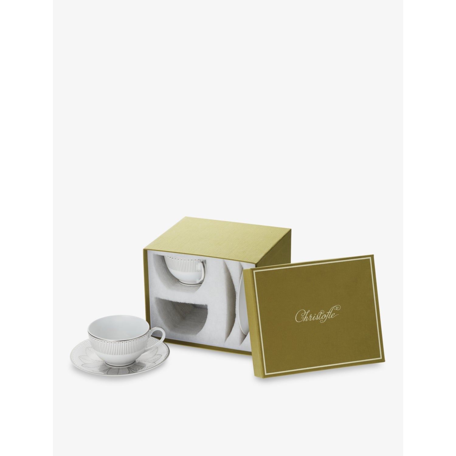 Christofle Malmaison porcelain teacup set of two, platinum trim (British brand)