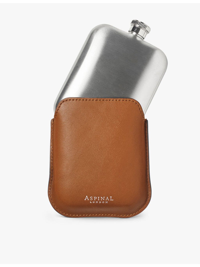 Aspinal of London stainless-steel hip flask and leather pouch, UK version