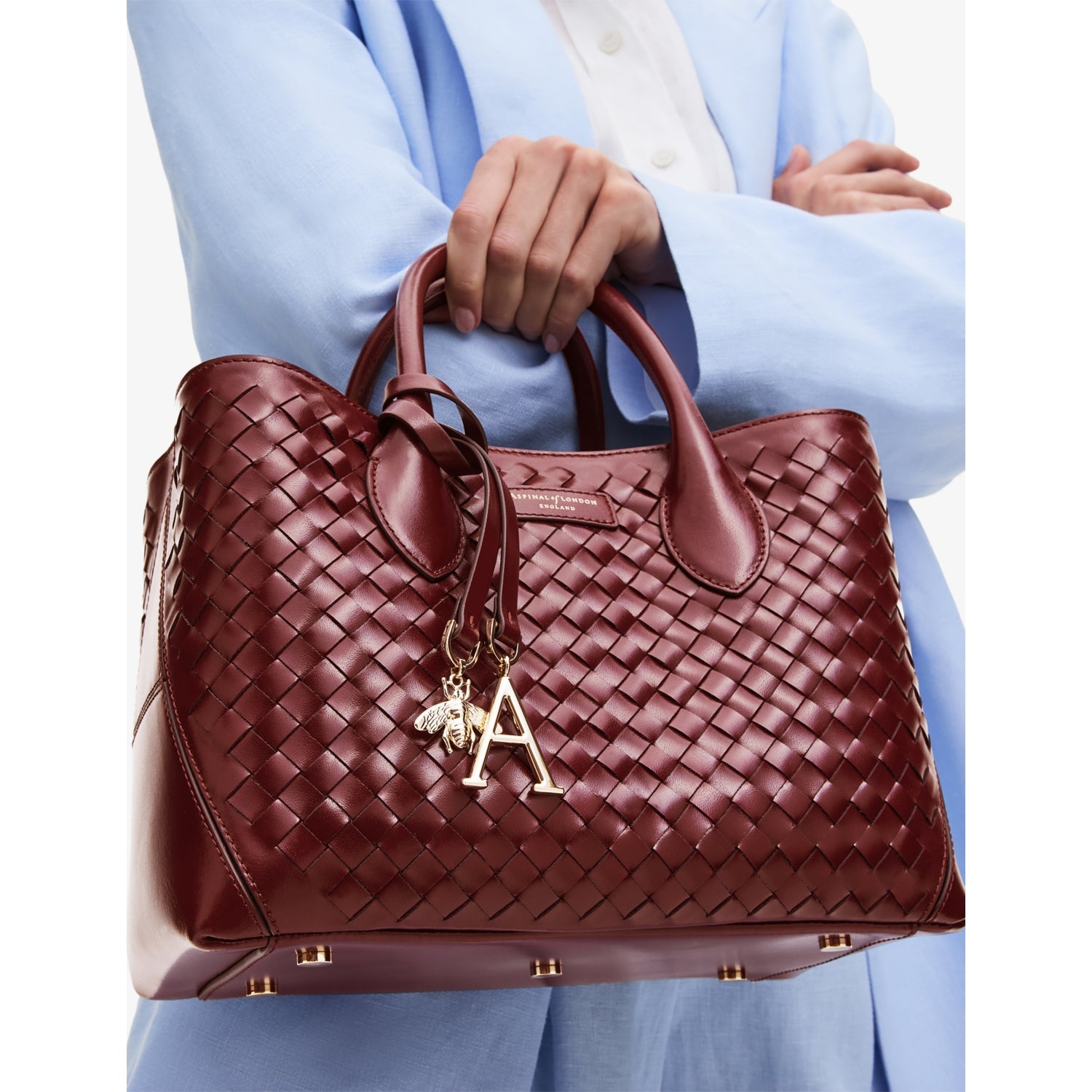 Aspinal of London Midi charm leather tote bag, imported from the UK