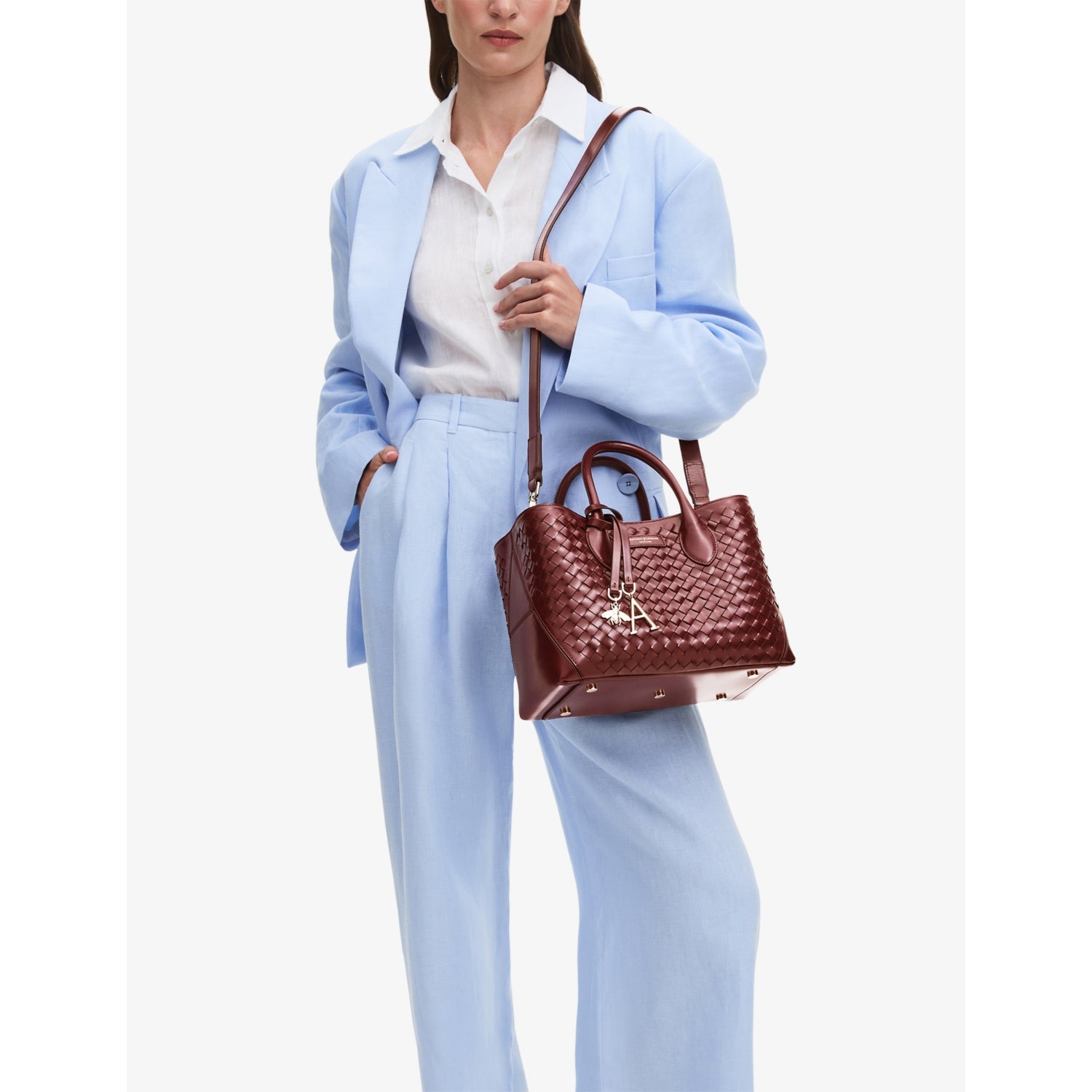 Aspinal of London Midi charm leather tote bag, imported from the UK