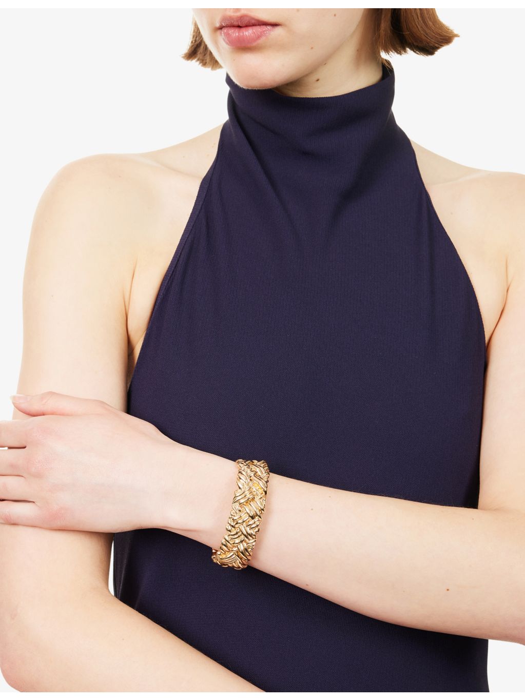 Bottega Veneta intreccio large cuff 18ct gold plated sterling silver bracelet, imported from the UK