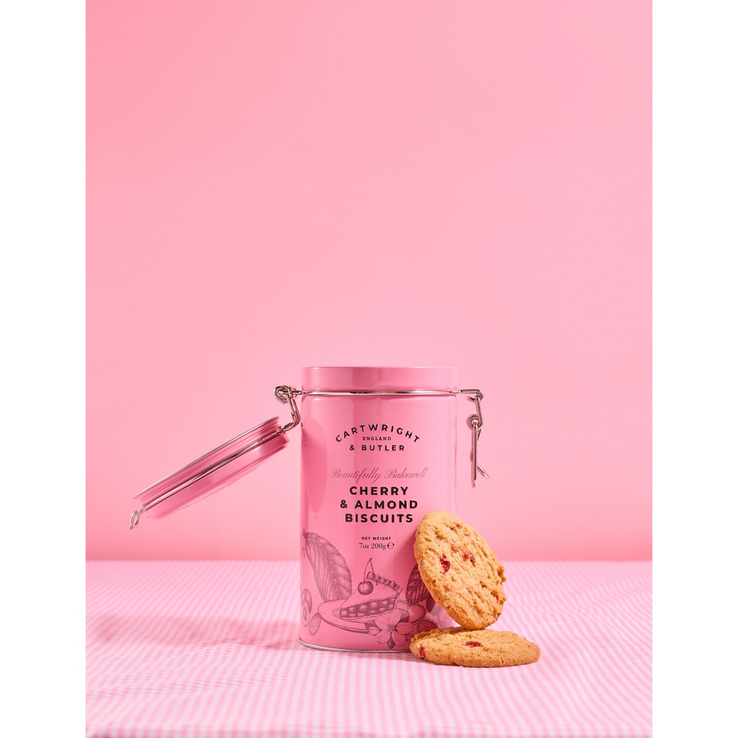 Cartwright & Butler cherry and almond biscuits tin 200g, imported from the UK