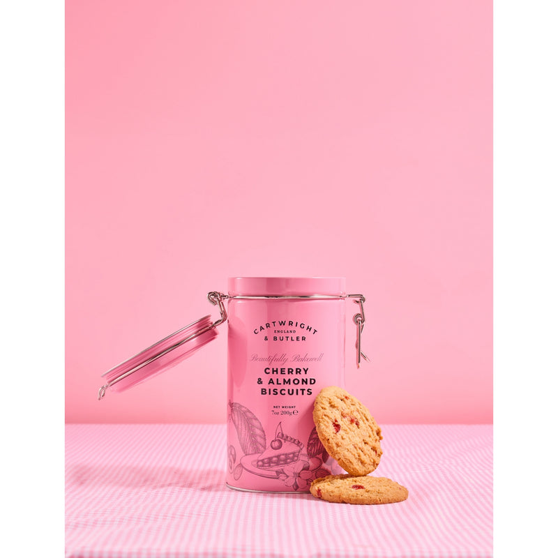 Cartwright & Butler cherry and almond biscuits tin 200g, imported from the UK