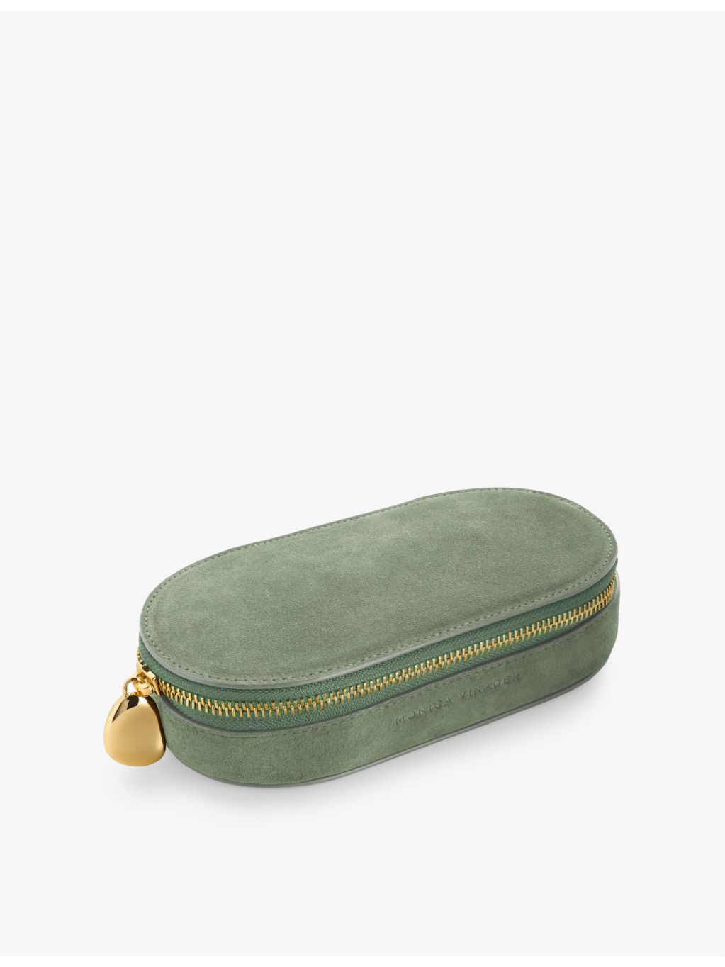 Monica Vinader oval suede jewellery box with gold-tone zip pull, UK version