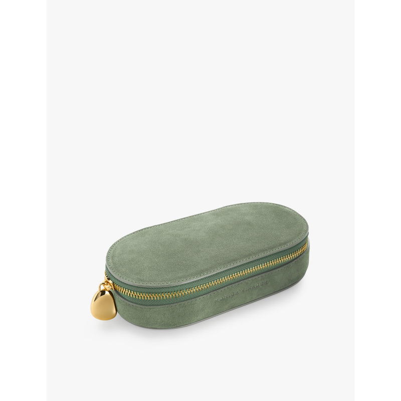 Monica Vinader oval suede jewellery box with gold-tone zip pull, UK version