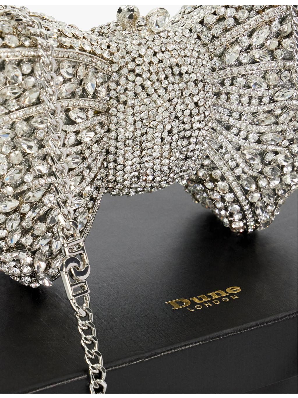 Dune Enchant bow diamante clutch bag with chain strap, UK version