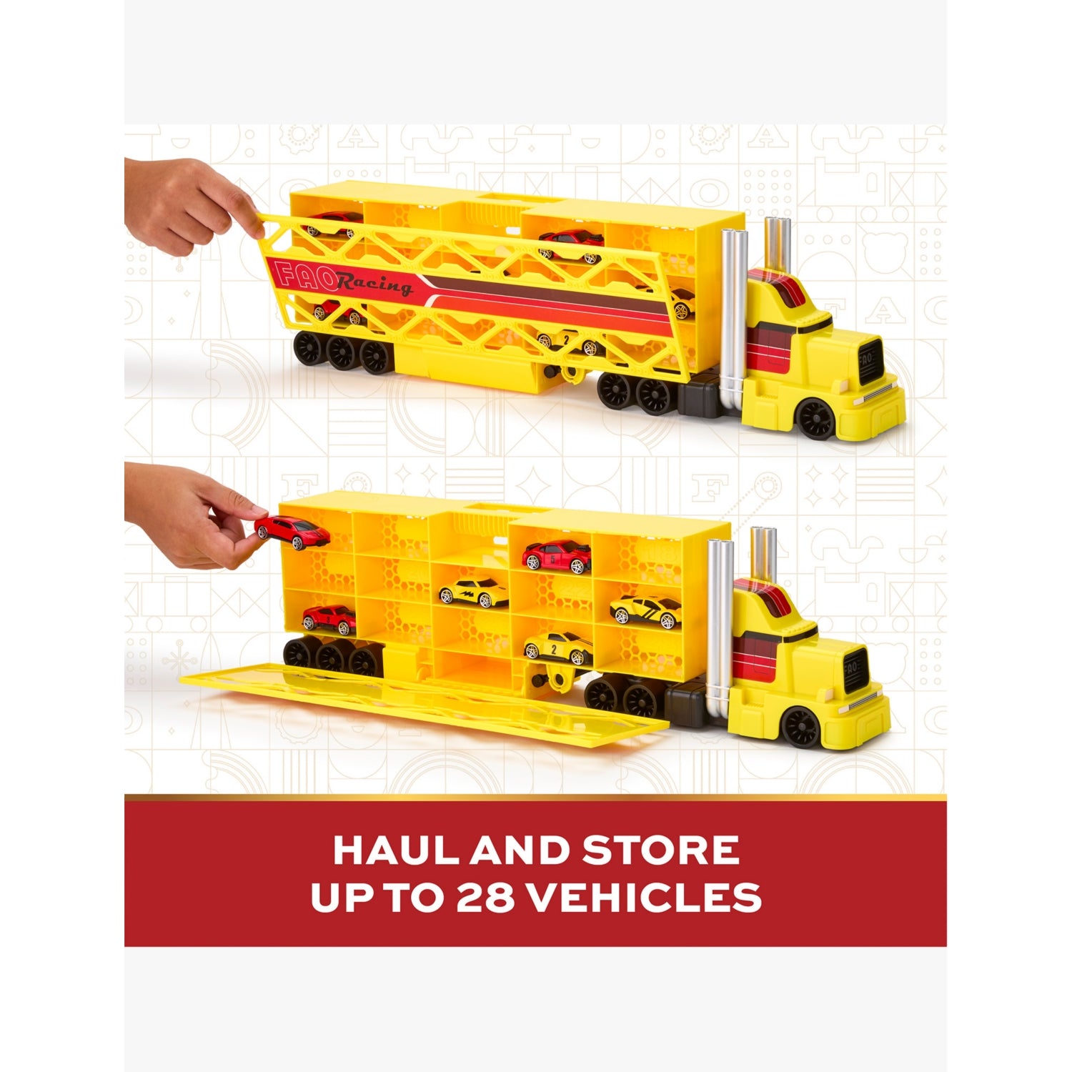 FAO Schwarz Big Cab Auto Hauler with race car storage - British product