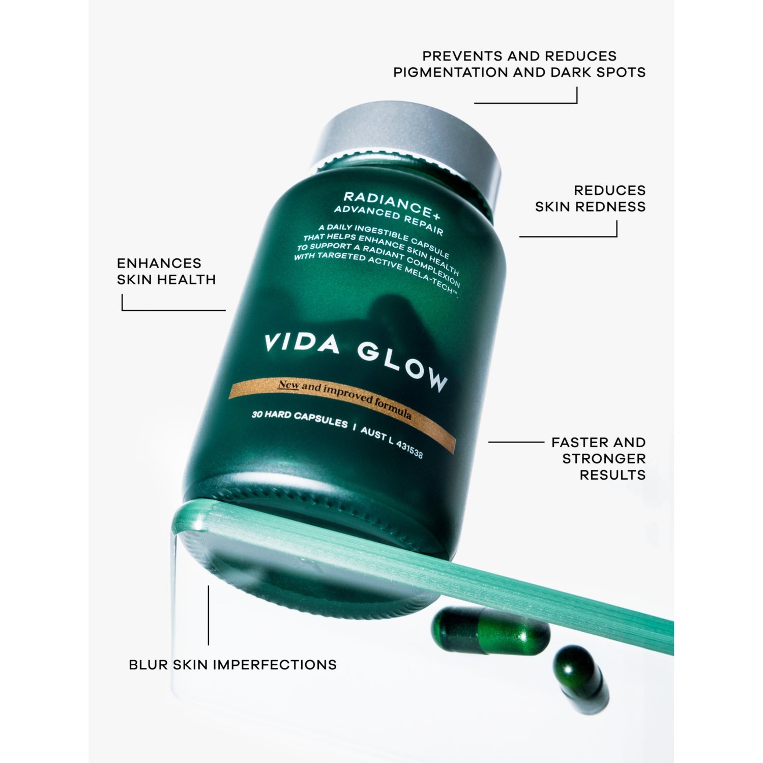 Vida Glow Radiance+ 30 advanced repair supplement capsules, imported from the UK