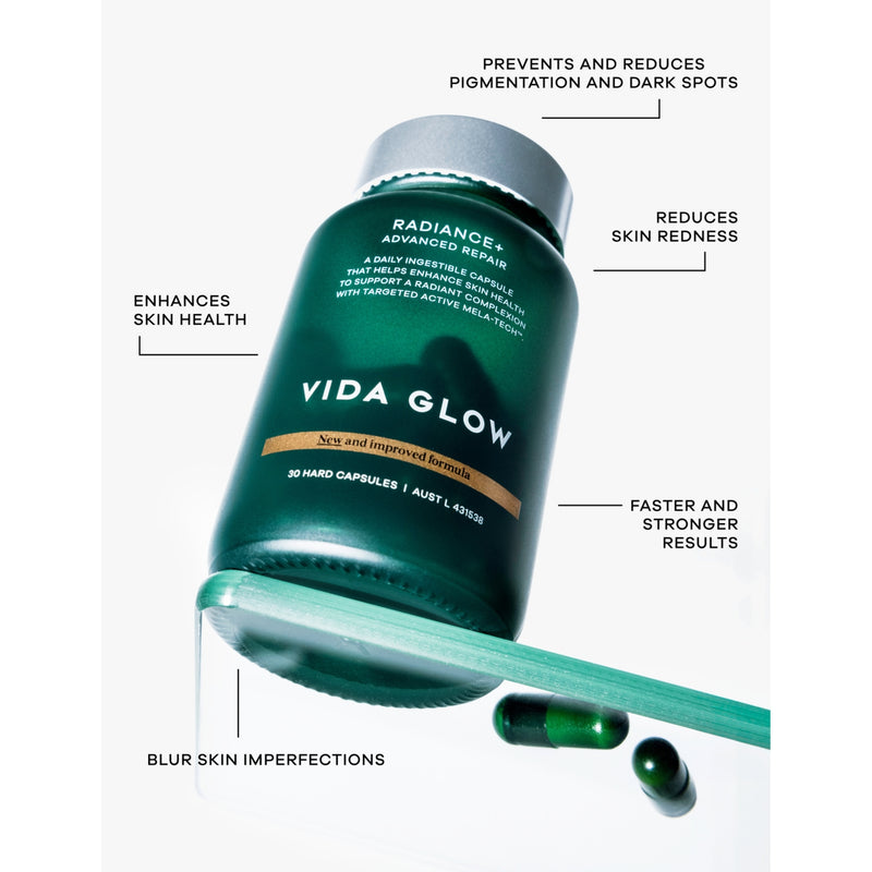 Vida Glow Radiance+ 30 advanced repair supplement capsules, imported from the UK