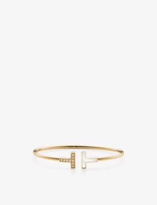 Tiffany T Wire 18ct yellow-gold, mother-of-pearl and 0.11ct brilliant-cut diamond bracelet - S