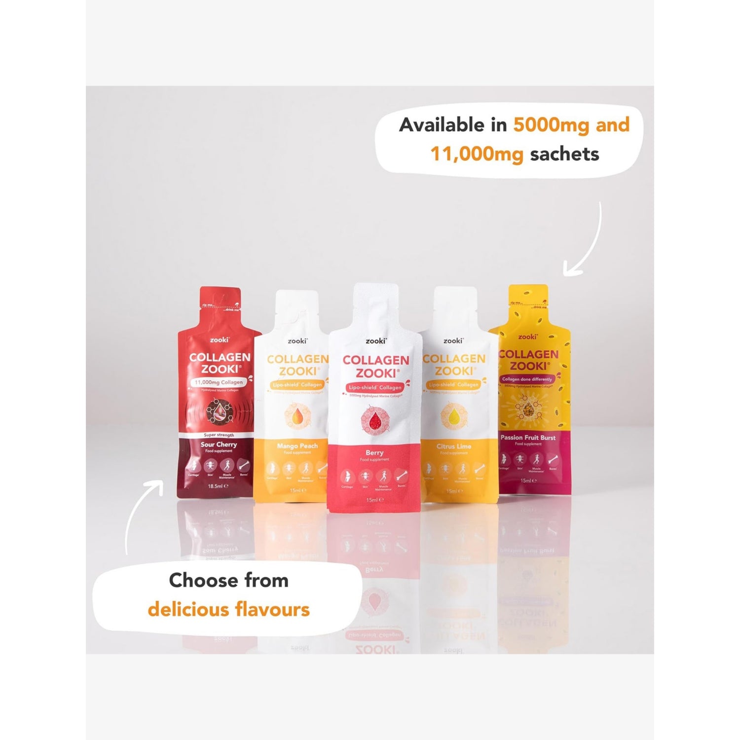 YourZooki liquid collagen sachets mango peach flavour 30 pack, UK version