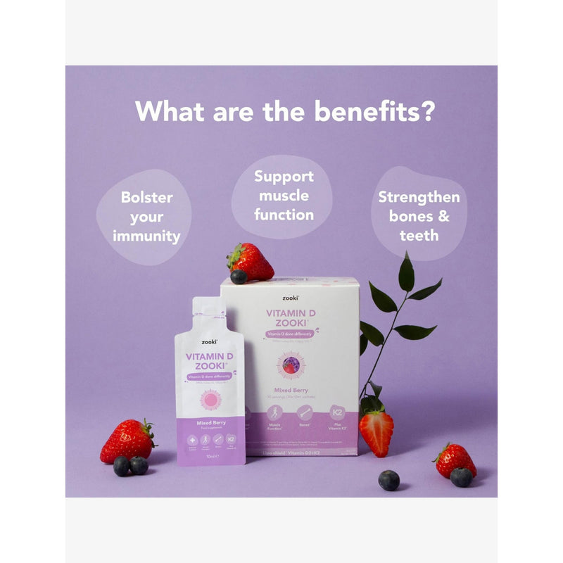 YourZooki vitamin D3 K2 sachets mixed berry 30x10ml, imported from the UK