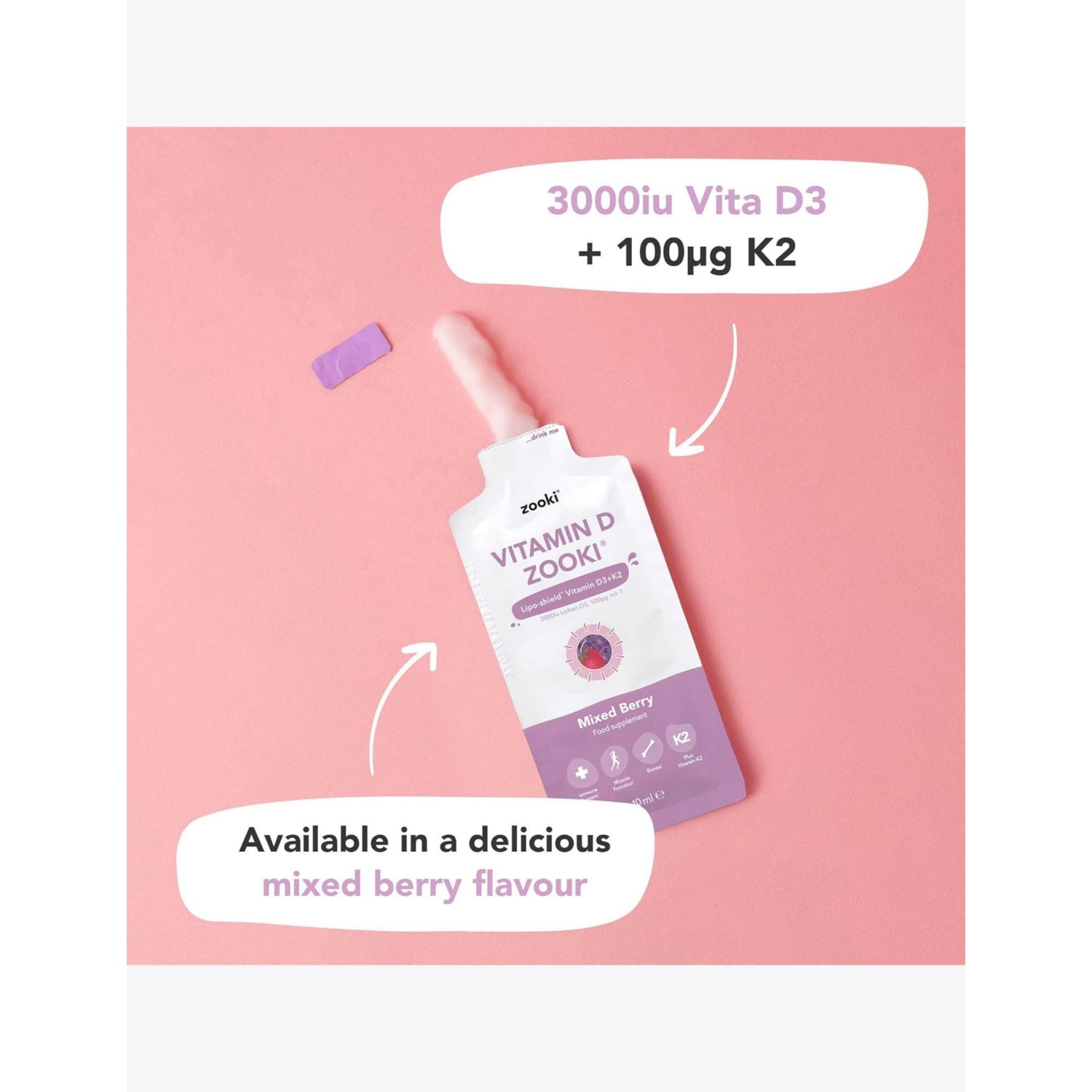 YourZooki vitamin D3 K2 sachets mixed berry 30x10ml, imported from the UK