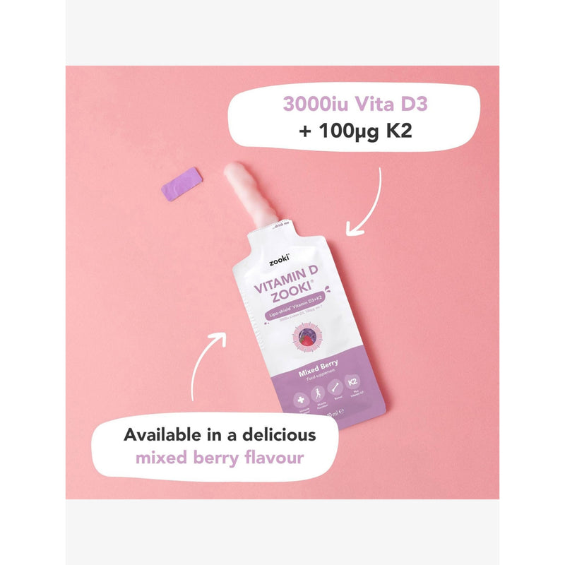 YourZooki vitamin D3 K2 sachets mixed berry 30x10ml, imported from the UK