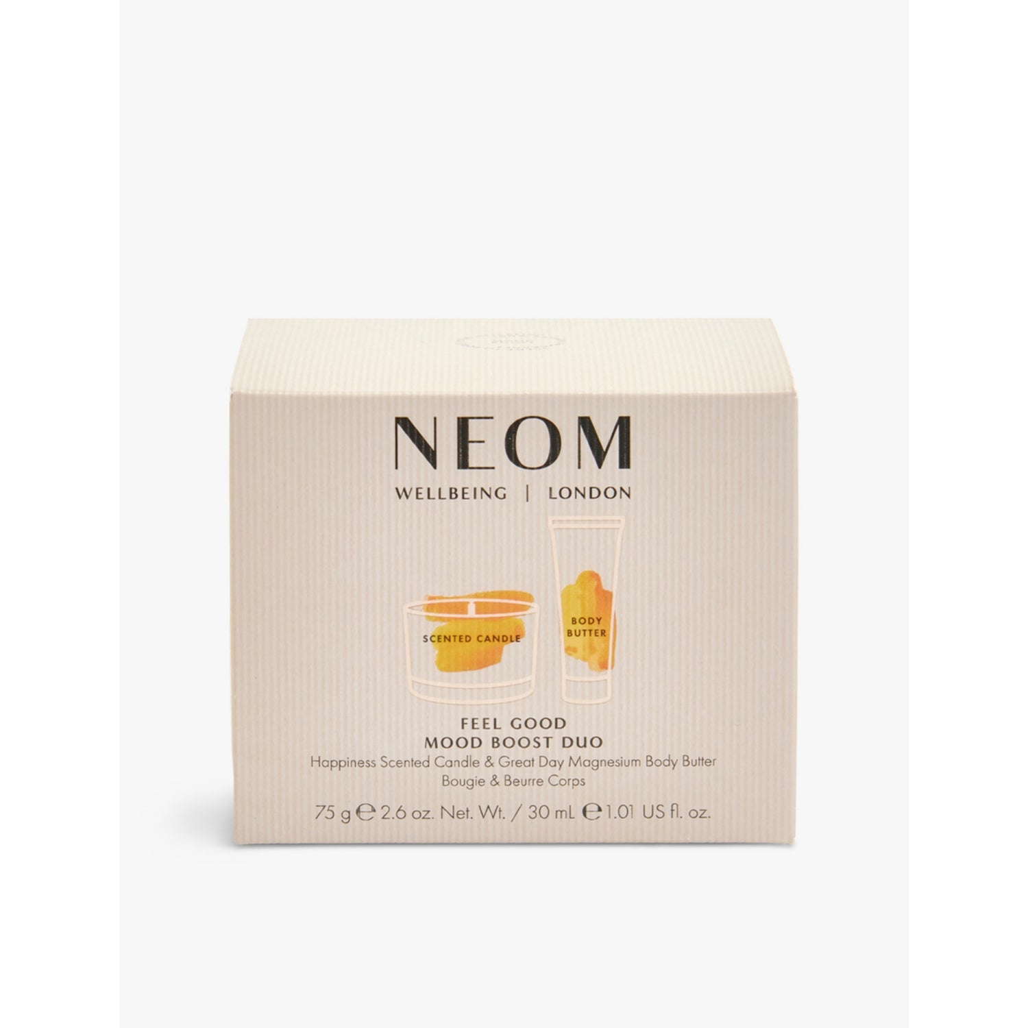 NEOM Mood Boost Duo, 75g candle, 30ml butter, imported from the UK