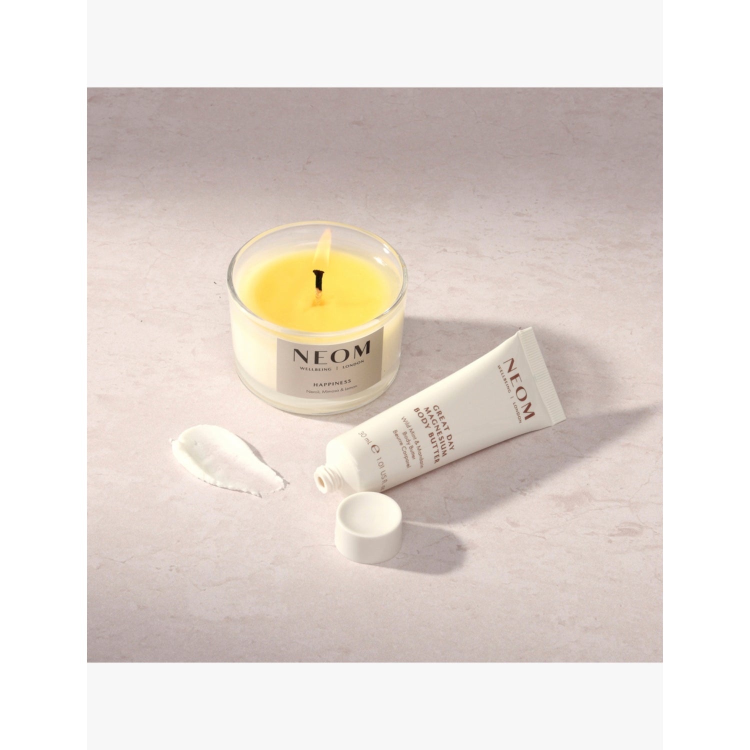 NEOM Mood Boost Duo, 75g candle, 30ml butter, imported from the UK