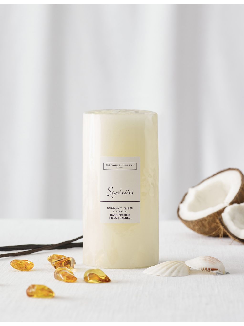 White Company Seychelles scented pillar candle 590g, imported from the UK