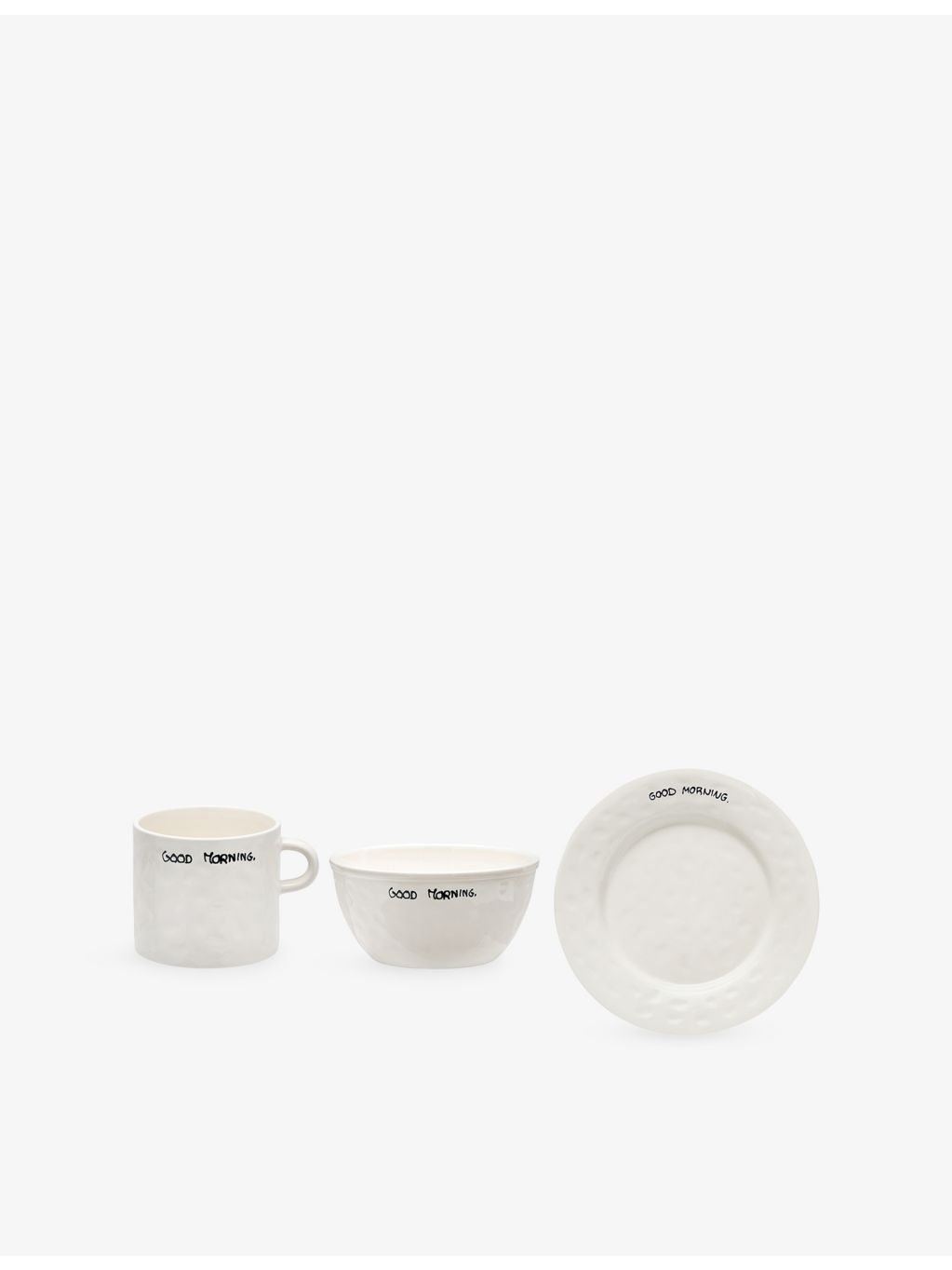 anna + nina ceramic breakfast set with good morning text, imported from the UK