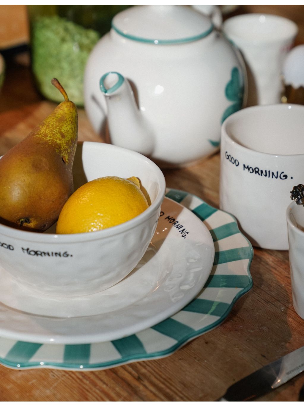 anna + nina ceramic breakfast set with good morning text, imported from the UK