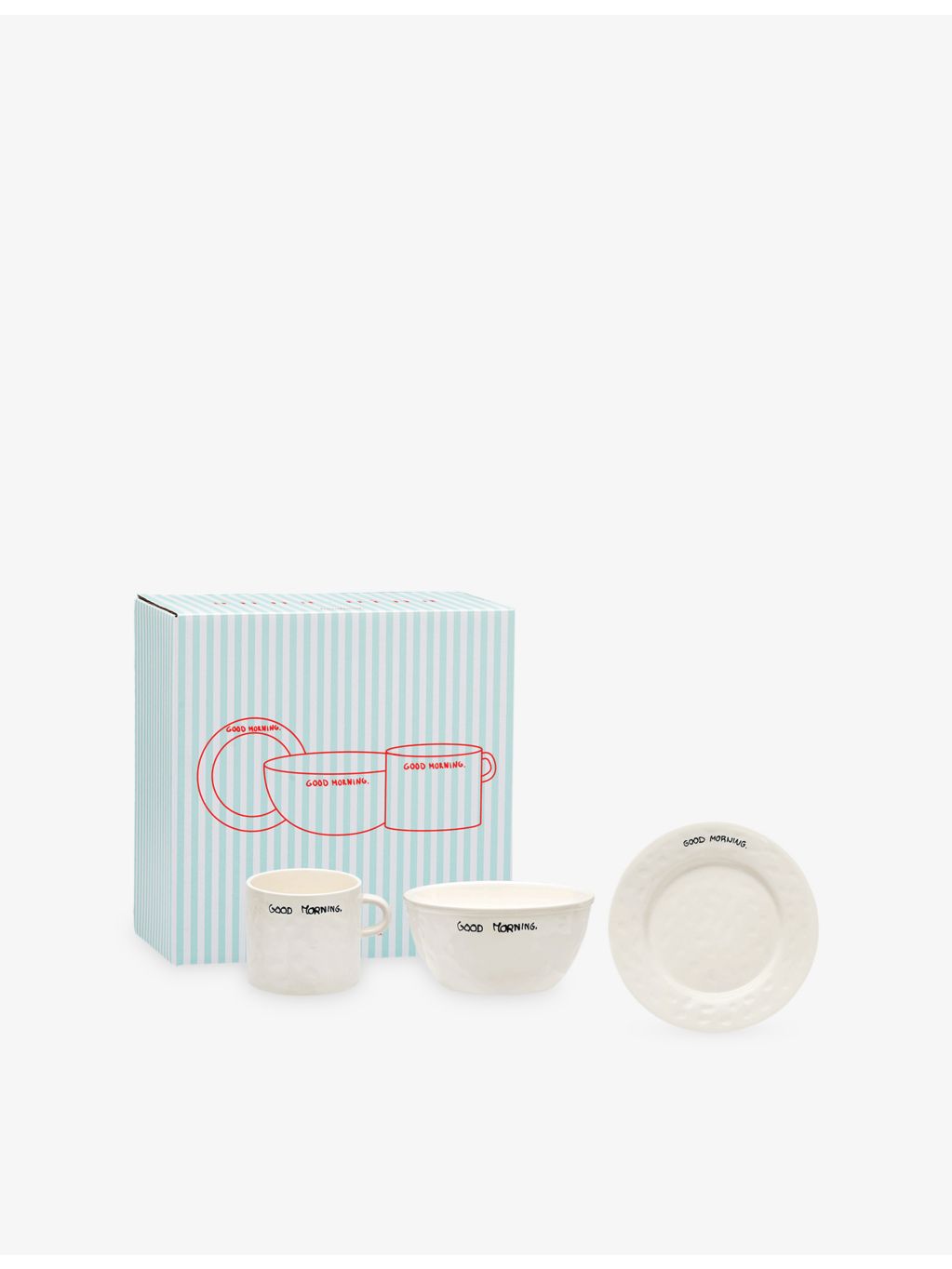 anna + nina ceramic breakfast set with good morning text, imported from the UK