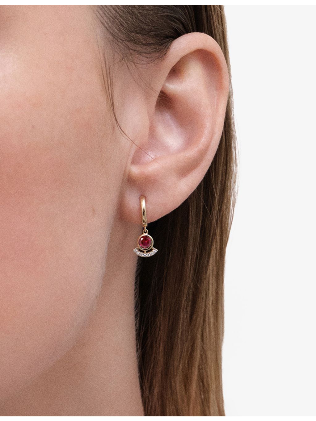 Astley Clarke 14ct yellow gold ruby drop huggies, UK version