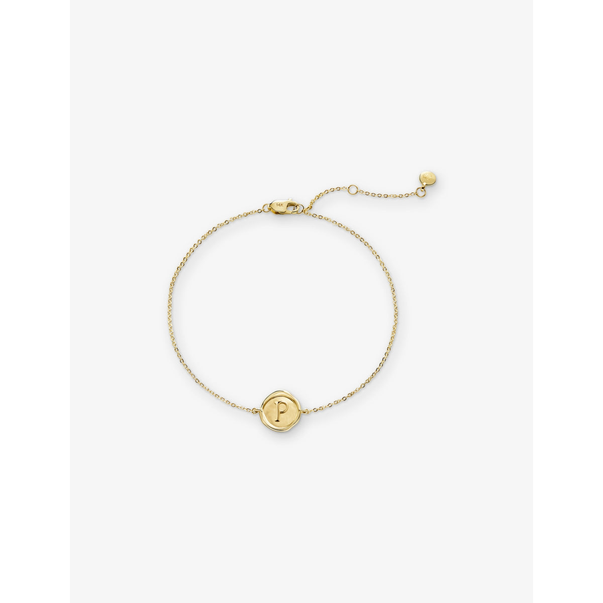 Monica Vinader mini initial P bracelet in 14ct yellow gold (British brand)