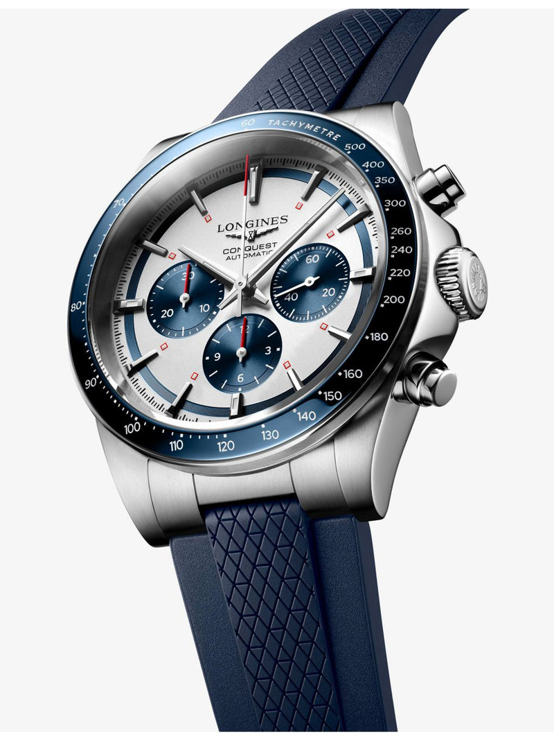 Longines Conquest Chronograph blue ceramic bezel watch 42mm, UK version