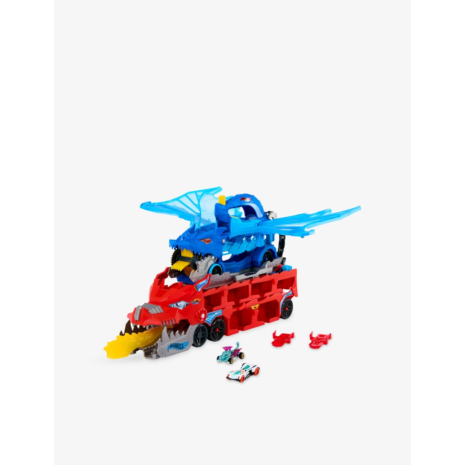 Hot Wheels dragon transporter playset with two cars, imported from the UK