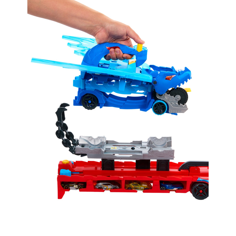 Hot Wheels dragon transporter playset with two cars, imported from the UK