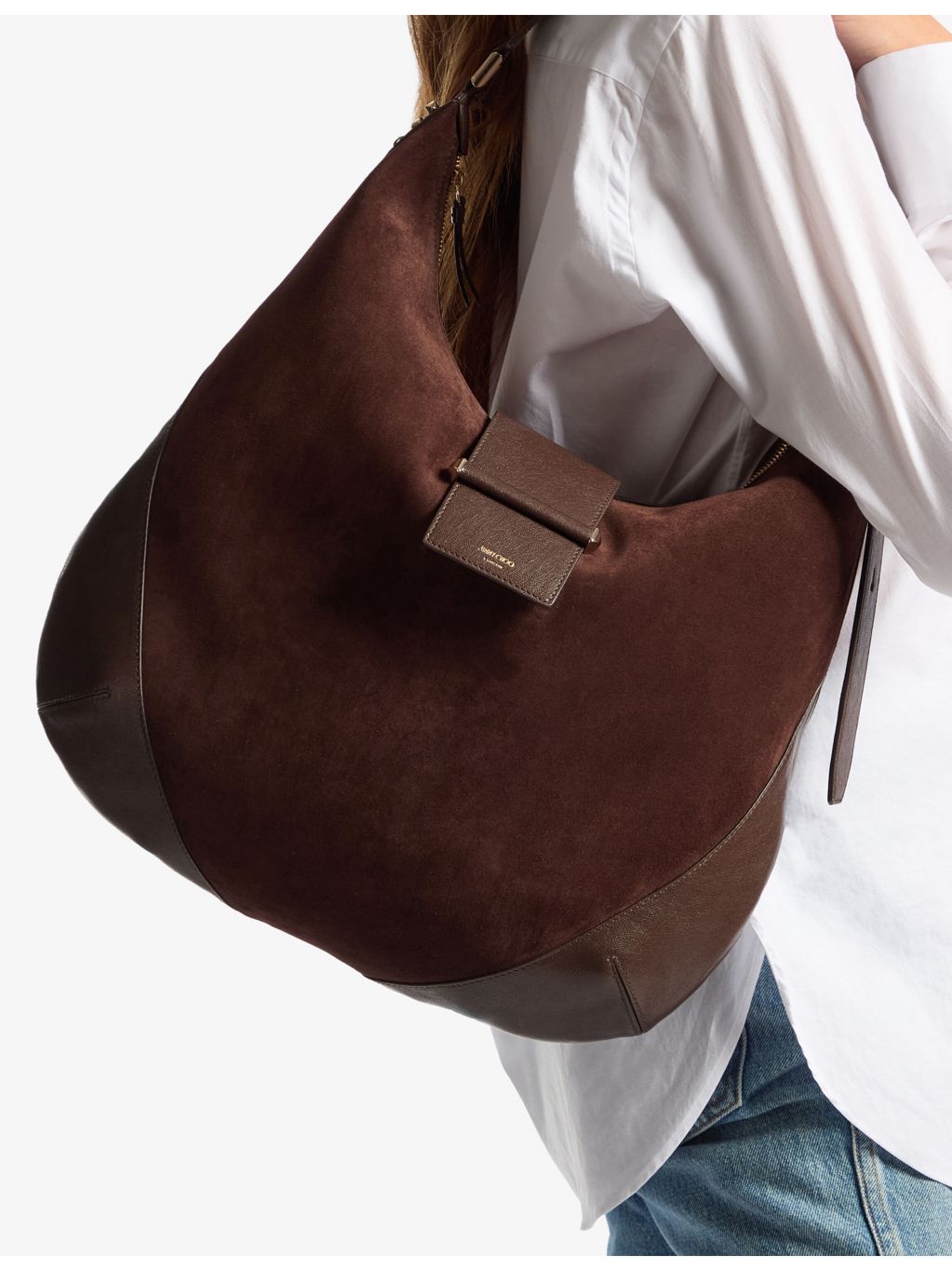 Jimmy Choo Bar Hobo suede leather shoulder bag, imported from the UK