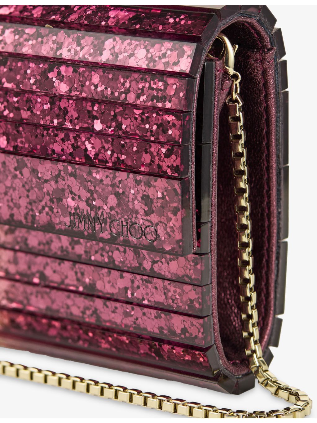 Jimmy Choo glitter plexi clutch bag chain strap, imported from the UK