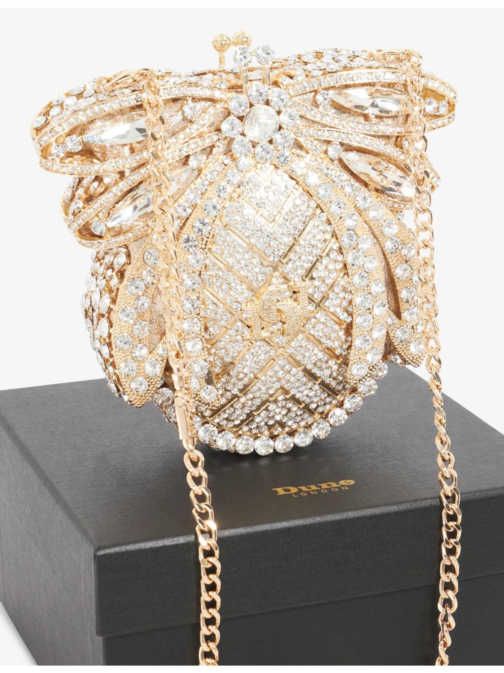 Dune Eaden Bug metal clutch bag in diamante, imported from the UK
