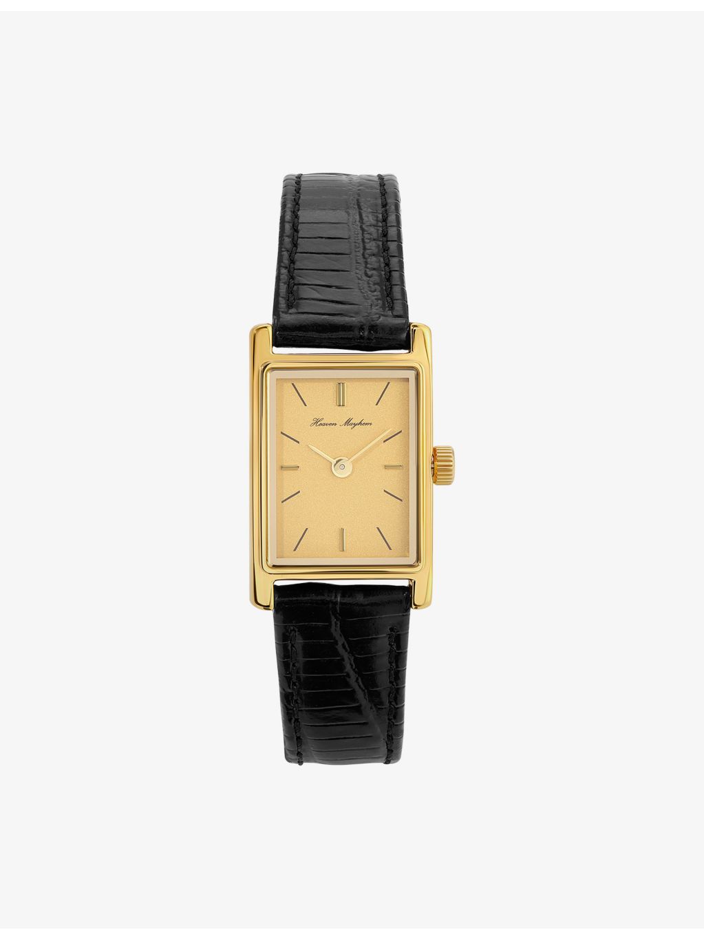 Heaven Mayhem stainless steel watch, gold case, leather strap (British brand)