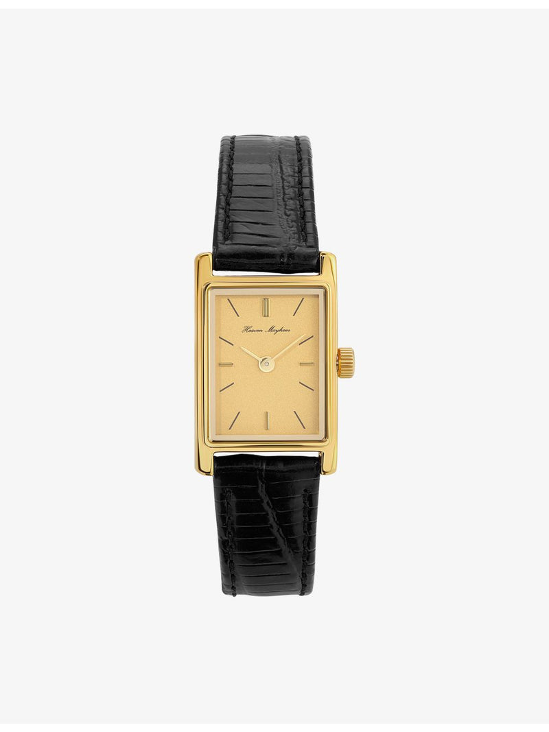Heaven Mayhem stainless steel watch, gold case, leather strap (British brand)