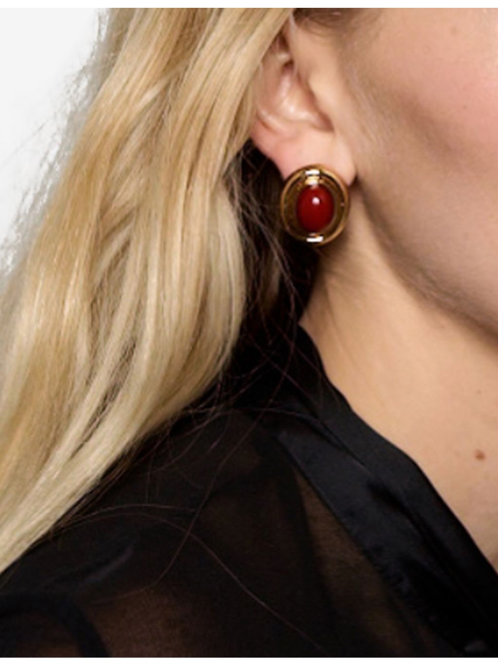 Heaven Mayhem brass stud earrings with red stone, 3cm (British brand)