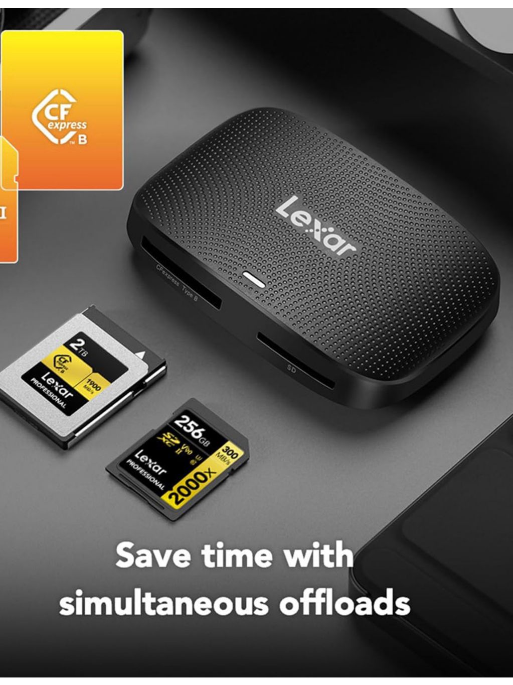 Lexar CFexpress Type B and SD UHS-II card reader, imported from the UK