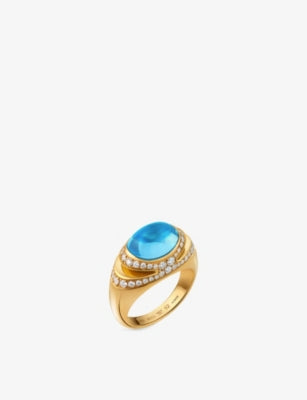 Bvlgari Cabochon 18ct Yellow Gold Blue Topaz and 0.56ct Demi Pavé-Diamond Ring
