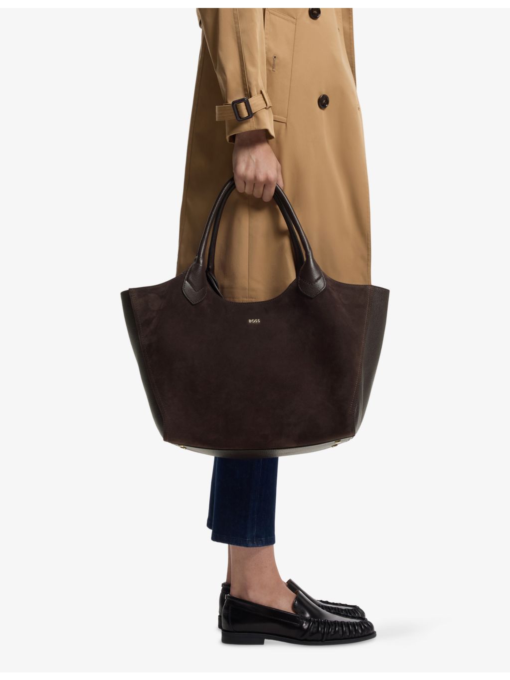 BOSS leather tote bag with logo-embossed front and gold-tone hardware (British brand)