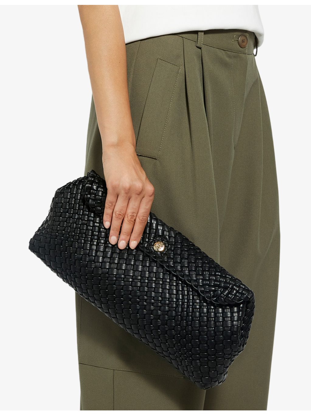 Dune woven faux-leather clutch bag with long strap (British brand)