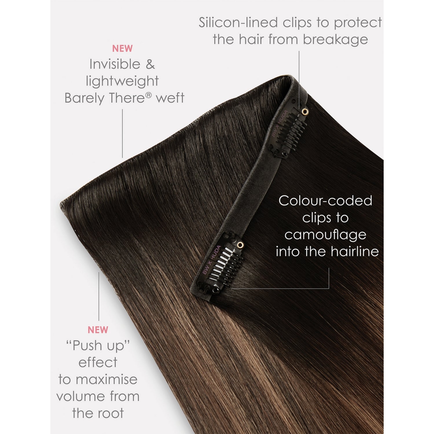 Beauty Works x Huda clip-in extensions 18-inch, imported from the UK
