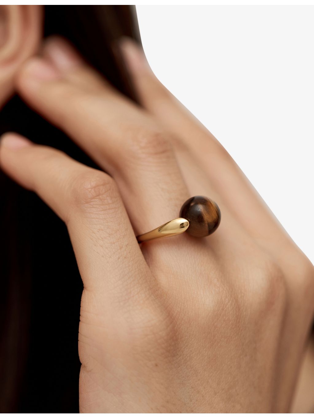 Monica Vinader round tiger's eye gemstone ring in 18ct gold vermeil, UK version