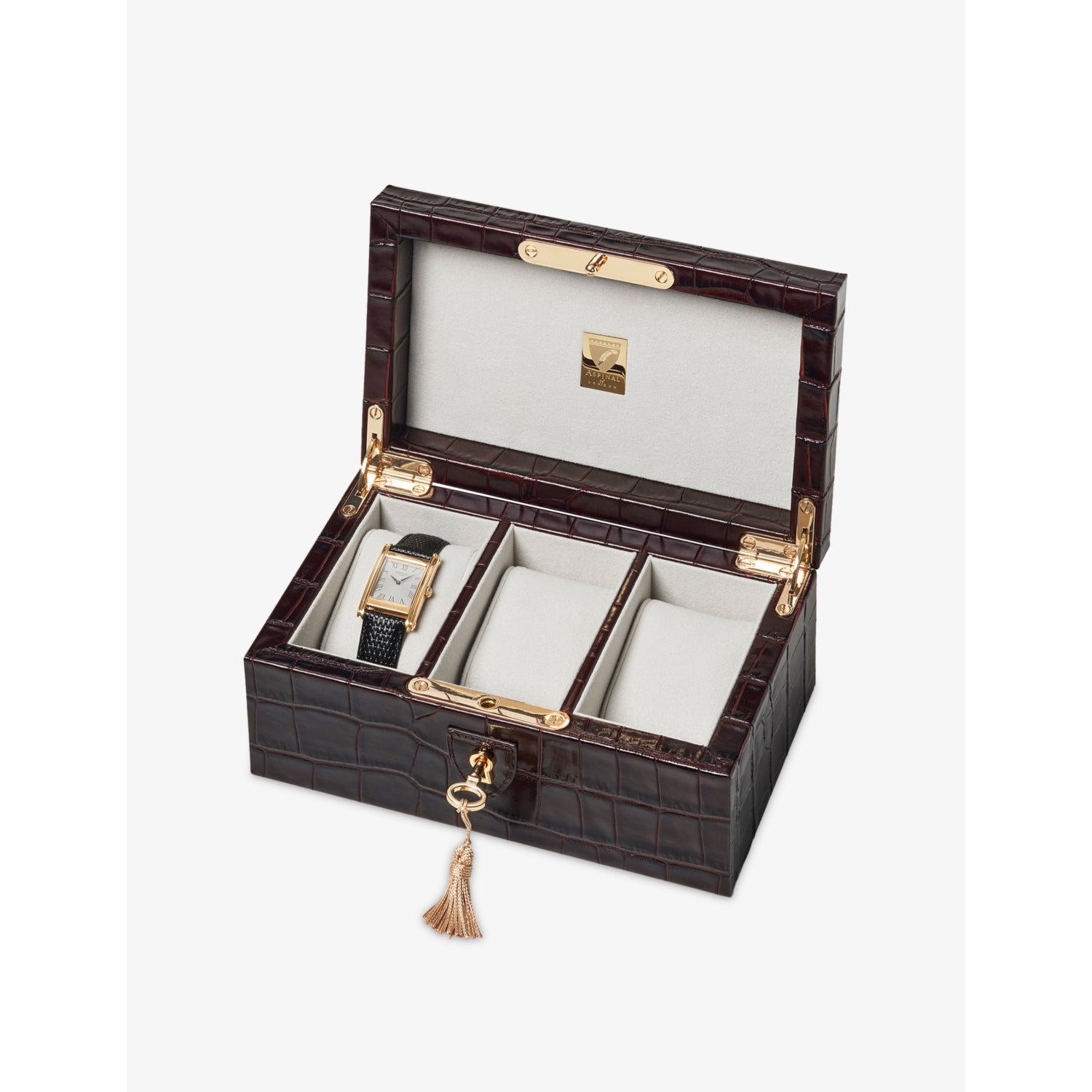 Aspinal leather watch box with four compartments and lock - British product
