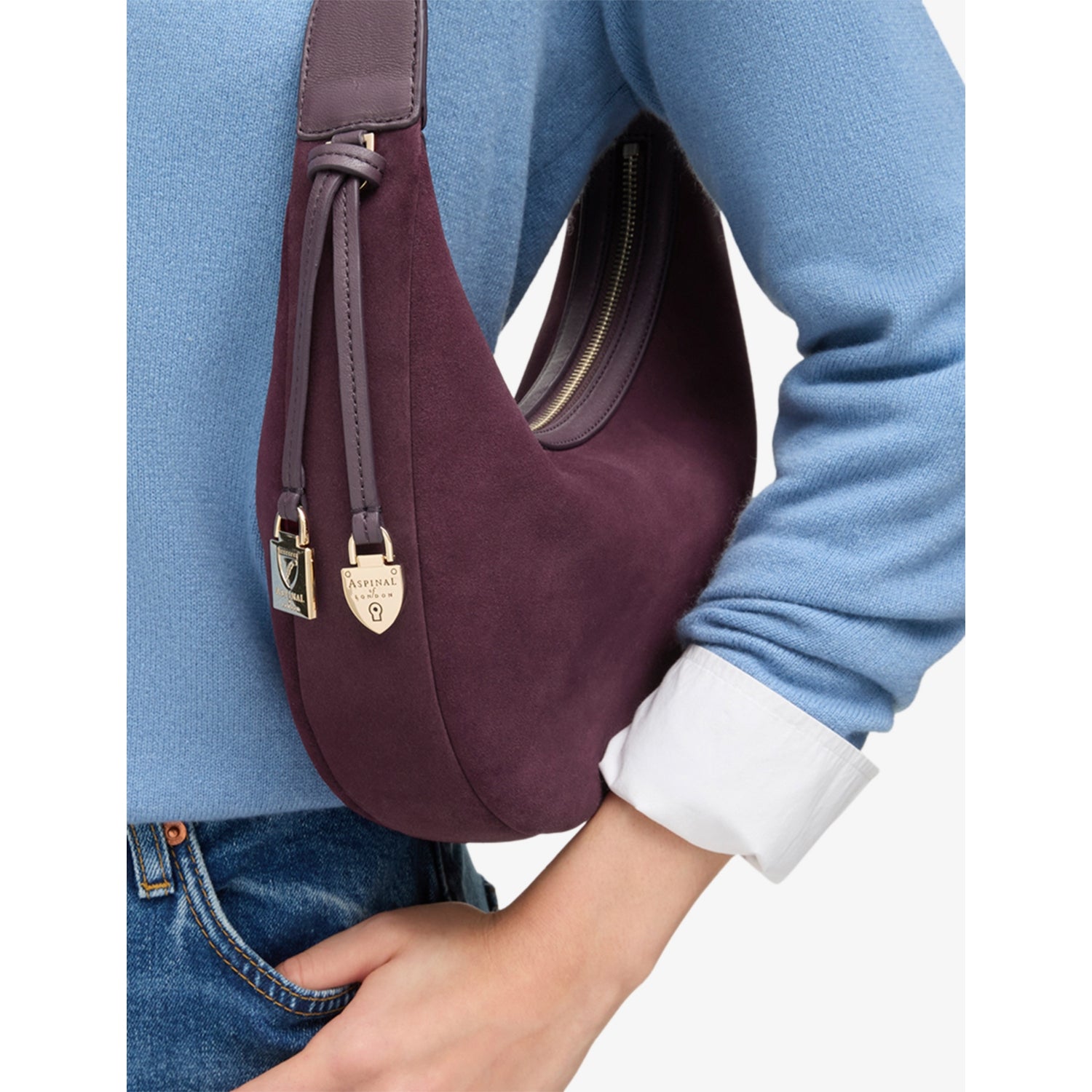 Aspinal of London Soho Small Crescent suede shoulder bag, UK version