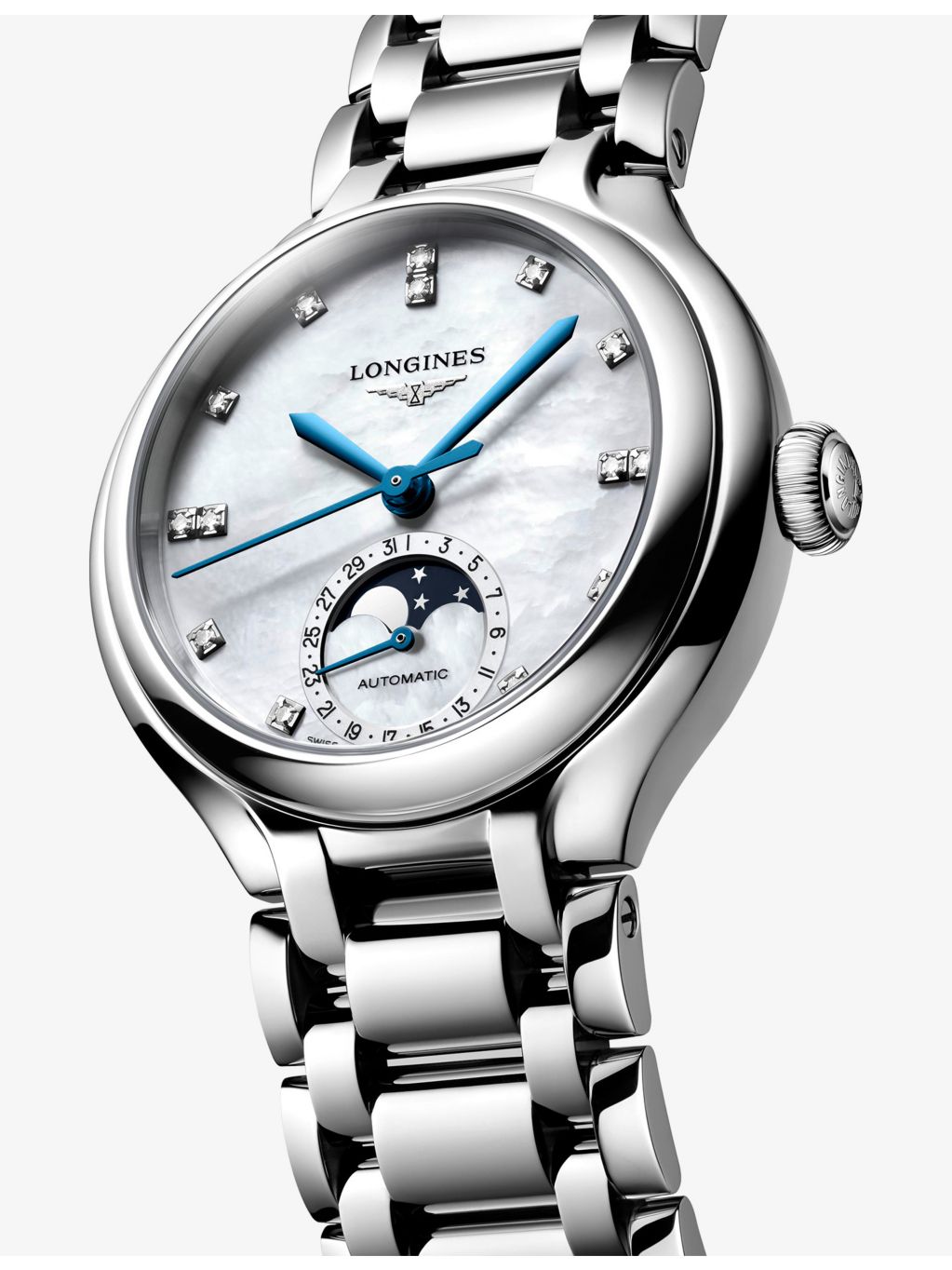 Longines PrimaLuna Moonphase automatic watch with diamond dial (British brand)