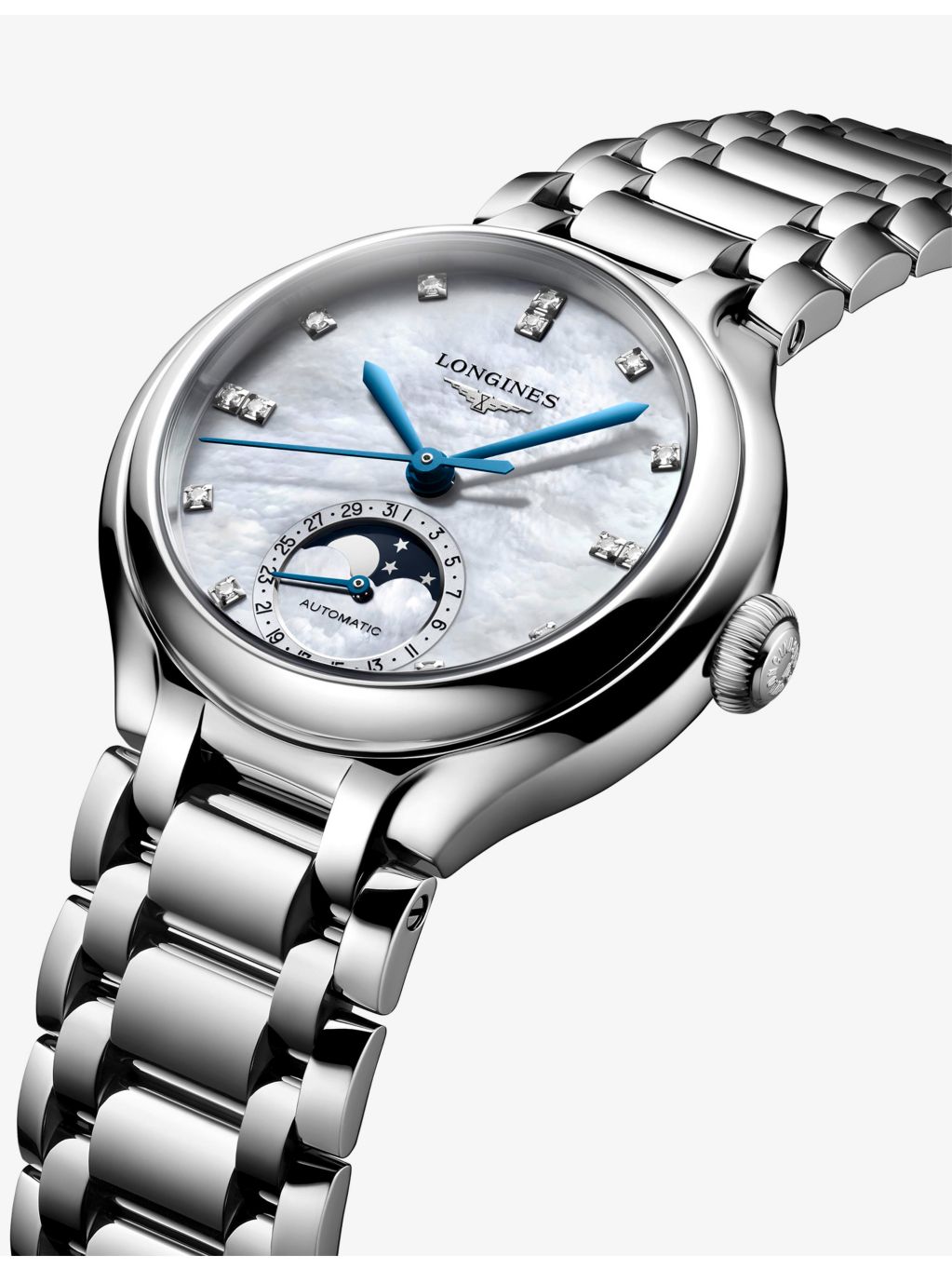 Longines PrimaLuna Moonphase automatic watch with diamond dial (British brand)