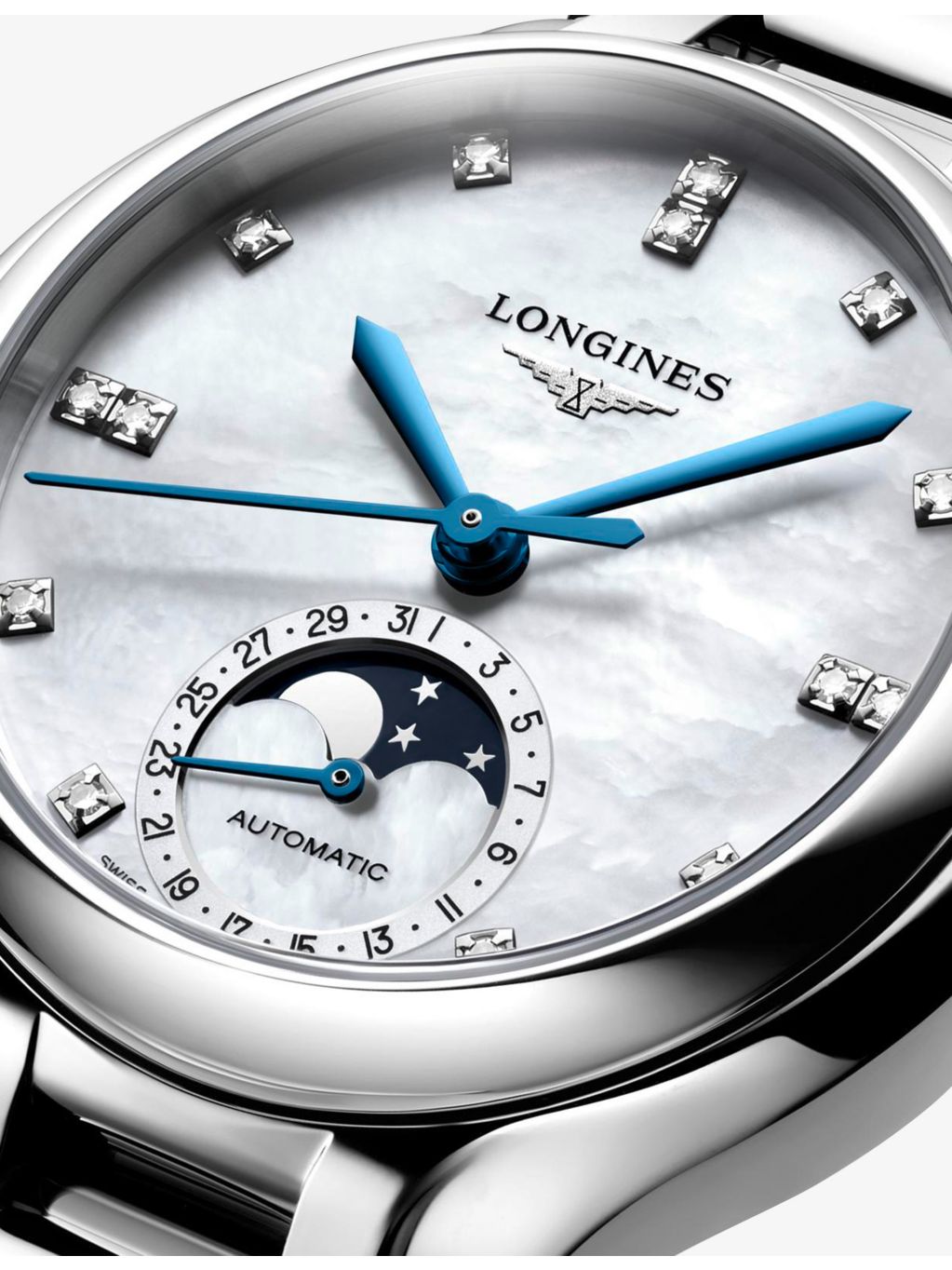 Longines PrimaLuna Moonphase automatic watch with diamond dial (British brand)