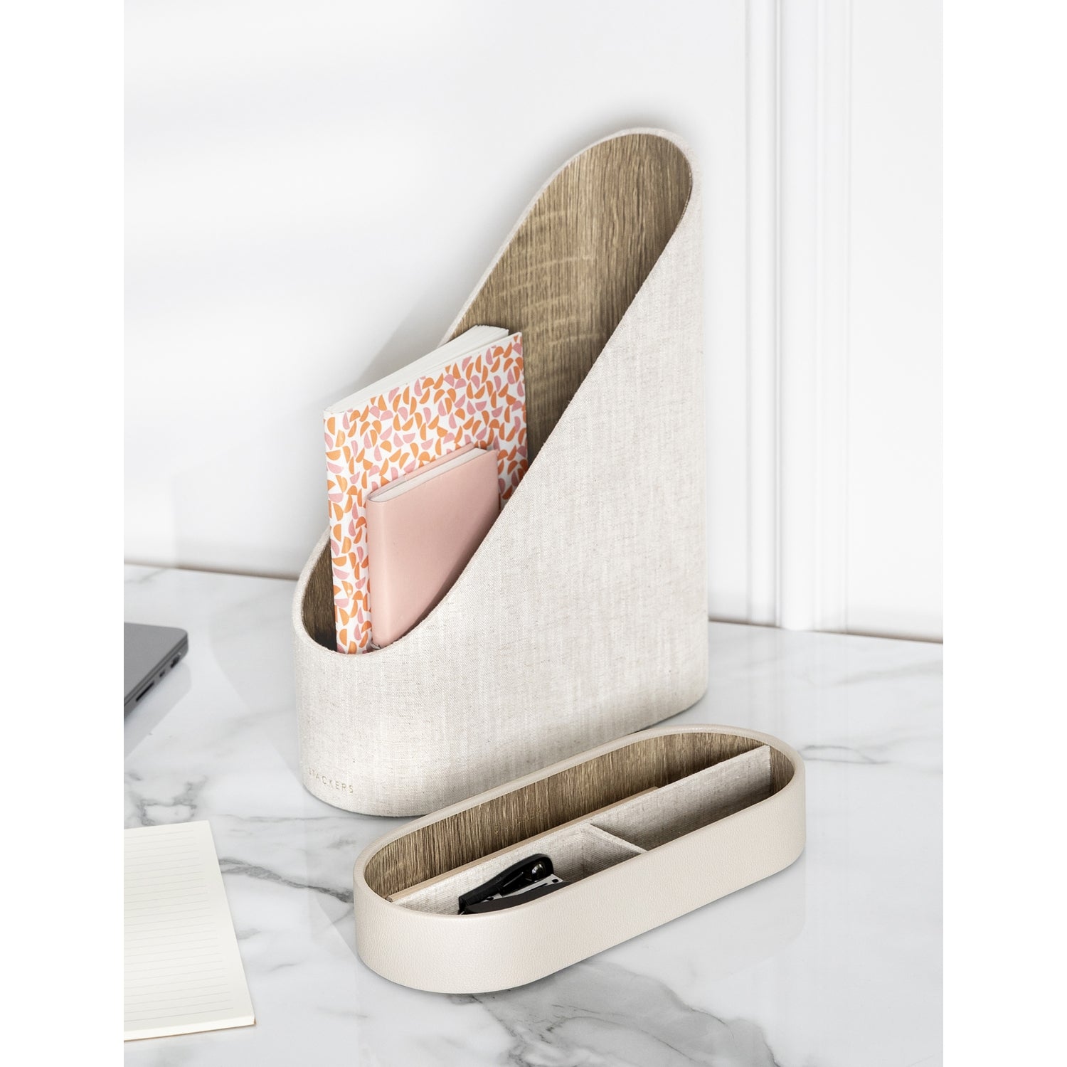 Stackers linen magazine file with gold-tone hardware, UK version