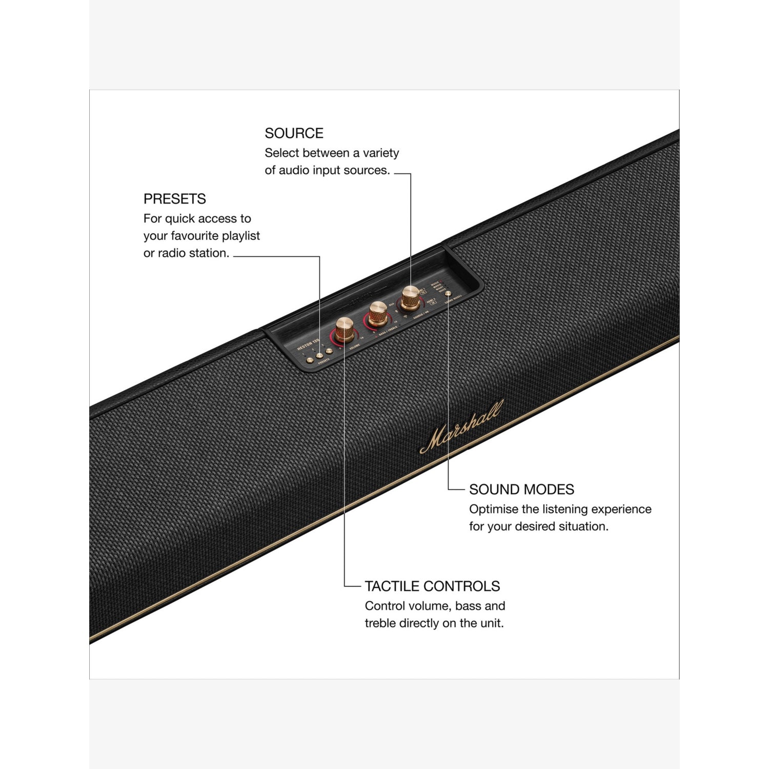 Marshall Heston 120 soundbar with Dolby Atmos, imported from the UK