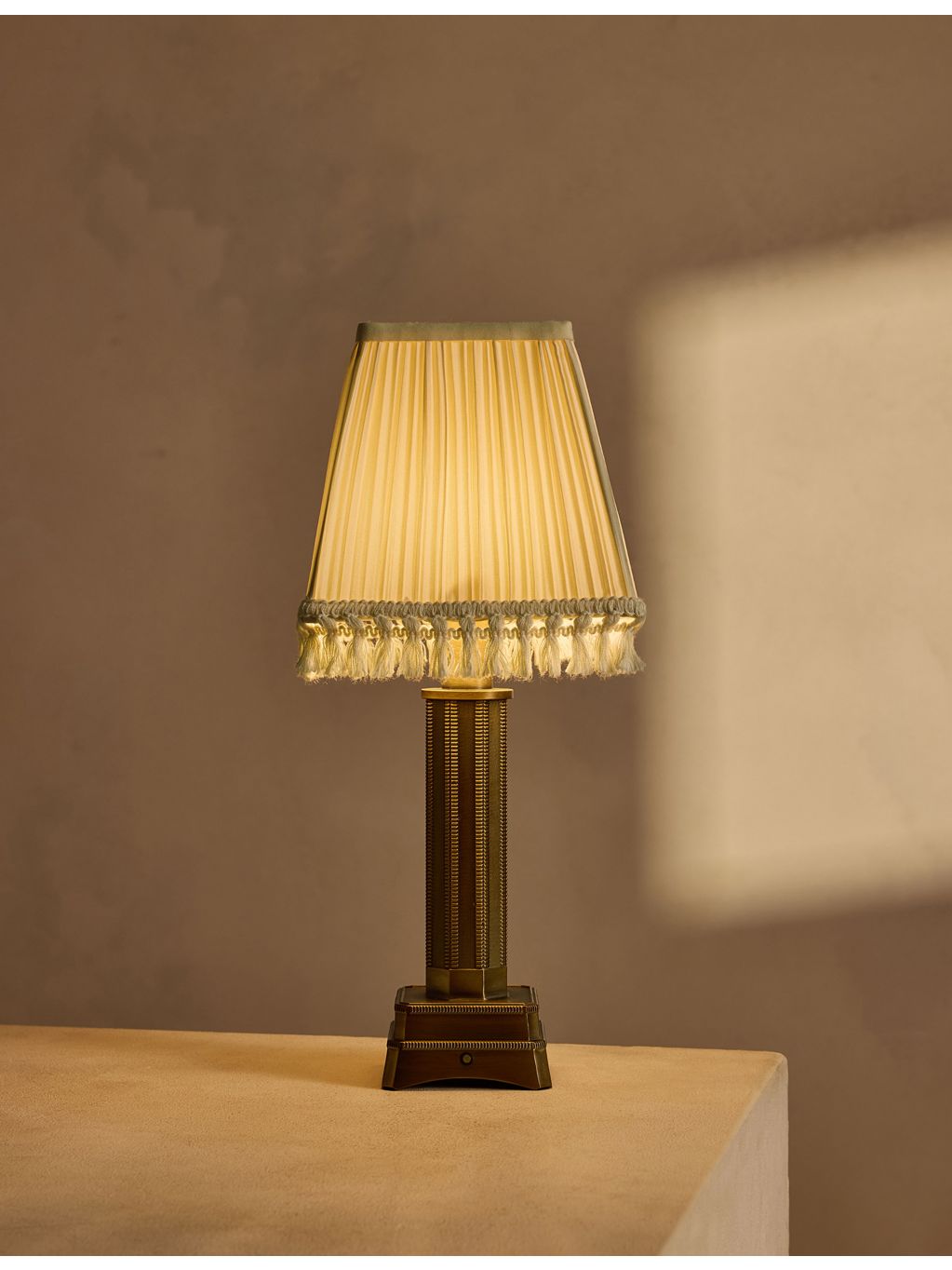 Soho style portable brass lamp with linen shade (British brand)